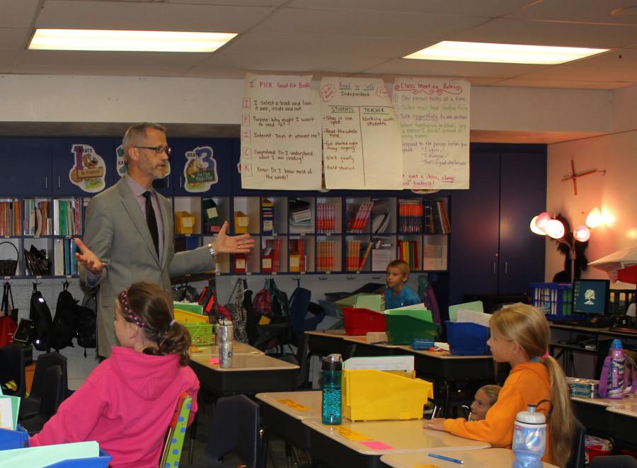 Superintendent Dr. Eric Knost addresses students at Chesterfield Elementary Monday, Sept. 8.  Knost said he wants to visit every Rockwood classroom at least once this year.