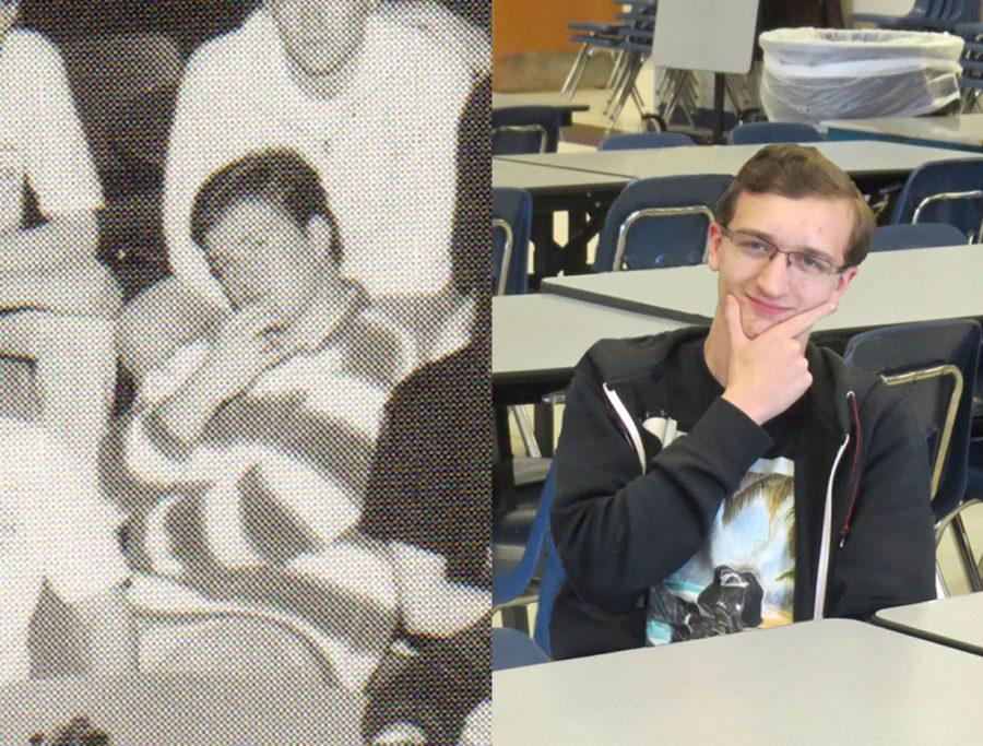 Adam Humrich, junior, recreates an image of his fathers senior year at MHS. Jason Humrich, Adams father, was part of the first graduating class. 