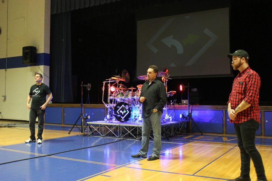 Jeff Mozingo (far left) and Joe Richardson (middle), answer questions from a concerned crowd, regarding their presentation on the dangers of heroin, held at the Crestview Middle School on the 11th of January.