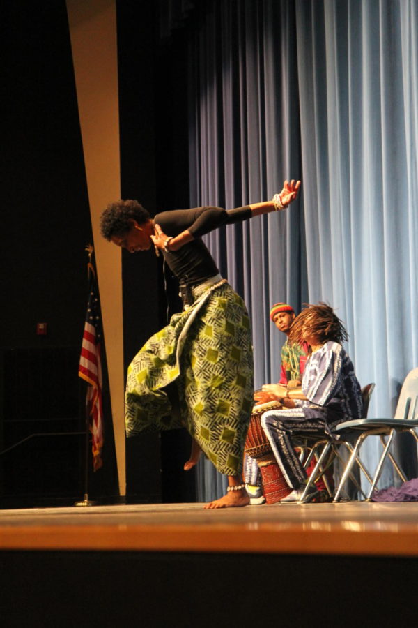DeBorah Ahmed, performer, dances an African dance known as Fanga. During Black History month, MHS hosted two presentations.