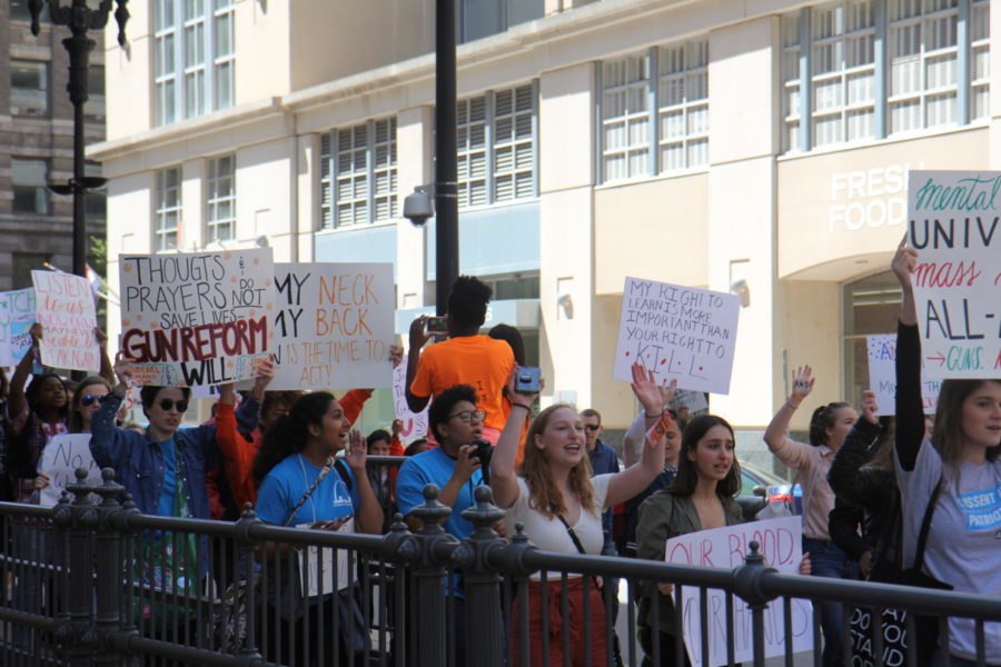 Students hold a rally outside Missouri Attorney General Josh Hawley’s office to protest his affiliation with the National Rifle Association (NRA) and the lack of legislation regarding the purchasing and usage of firearms.