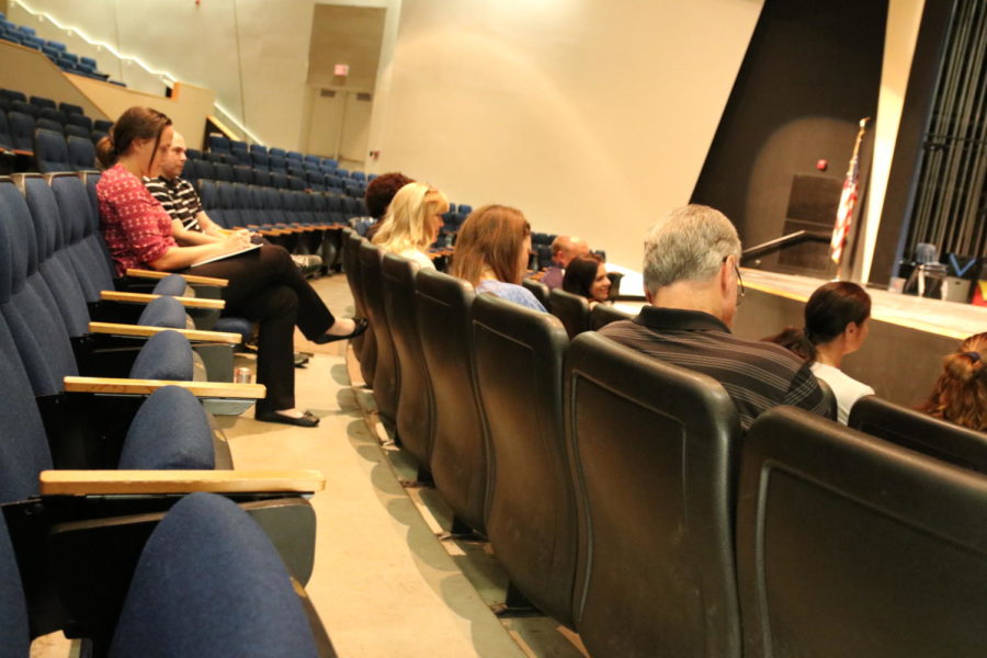 
Teachers who volunteered to be a part of the new Safety and Security Committee meet on Sept. 14, after school in the Theatre. Students from each grade level were selected to be a part of the Committee by the corresponding grade level principals.
