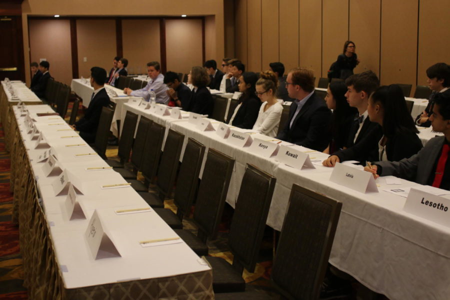  Freshman Jesh Gandhi and Max Coady and Junior Harrison Steeling, first year members to the Economic and Social Council (ECO/SOC), are given an orientation before the Model United Nations conference. The biennial conference took place at the DoubleTree hotel in Chesterfield on September 27th, with thirty MHS students attending.