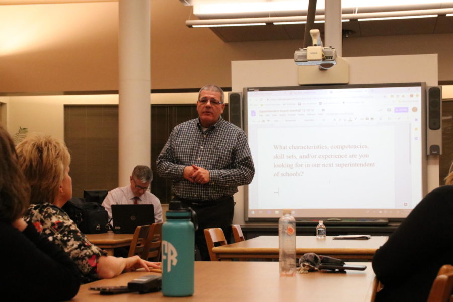 Brent Underwood, leader of search, talks about the importance of transparency in the selection process of the new superintendent on Dec. 10 at Lafayette High School.