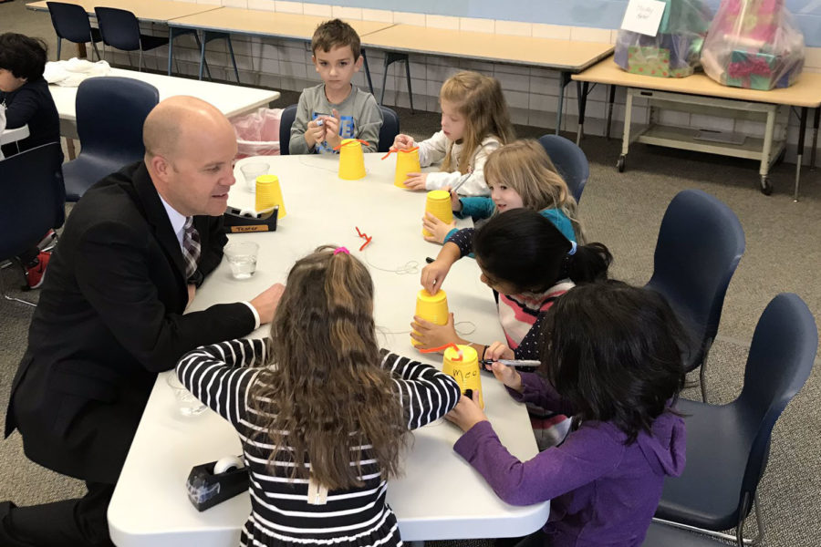 Dr. Mark Miles engages with kindergarten students in his current district, Indian Hills Exempted Village School District. Dr. Miles will become Rockwood’s new superintendent on July 1. 
