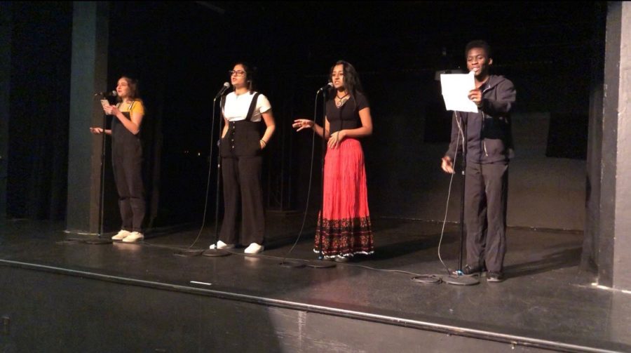 From left to right:
Ella Woods, sophomore; Sarah Abbas, sophomore; Megha Sanjay, senior; and Ahmed Barrow, senior participate at the 2019 Verbaquake Poetry Slam. The team won the championship, and Abbas went on to also win a solo award.