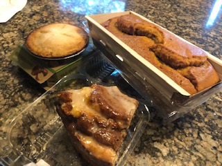 Apple pie, cinnamon pudding cake and pumpkin loaf cake.