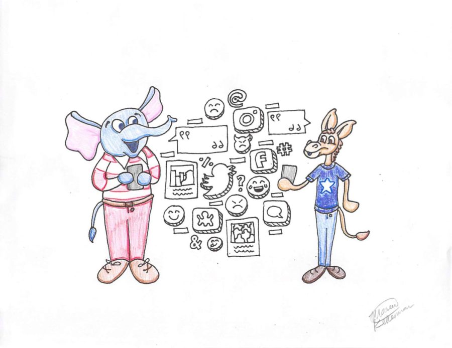 A republican elephant and a democratic donkey on smartphones.