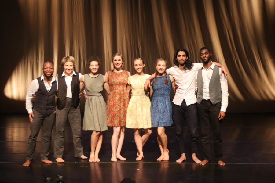 Dancers from Modern American Dance Company (MADCO) pose on stage after performing their modern dance program, “Wallstories,” a commemoration to the fall of the Berlin Wall and the people affected by it.