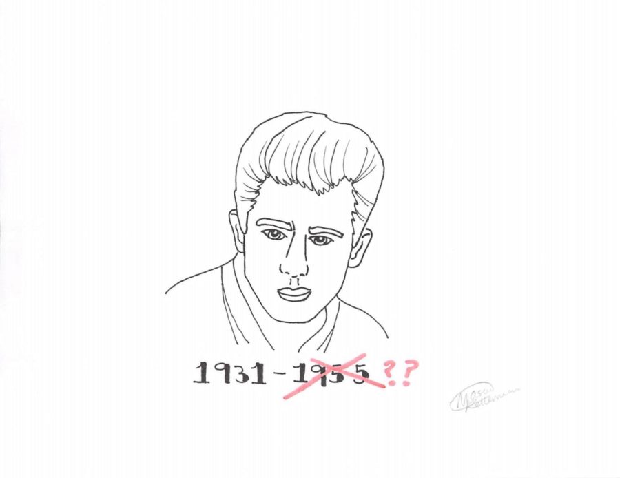 James Dean, actor, appears above the dates of his birth and death year. Dean will star in his fourth feature film 65 years after his death via cutting edge computer-generated imagery (CGI.) 