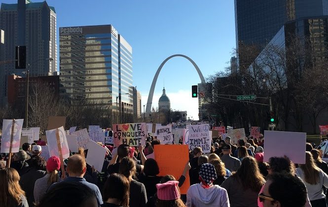  More than 10,000 people from Union Station on Market Street at the Women’s March on St. Louis march displaying signs with a variety of women empowerment sayings Jan. 21, 2017. The movement has taken place every year since placing emphasis on voter registration. 