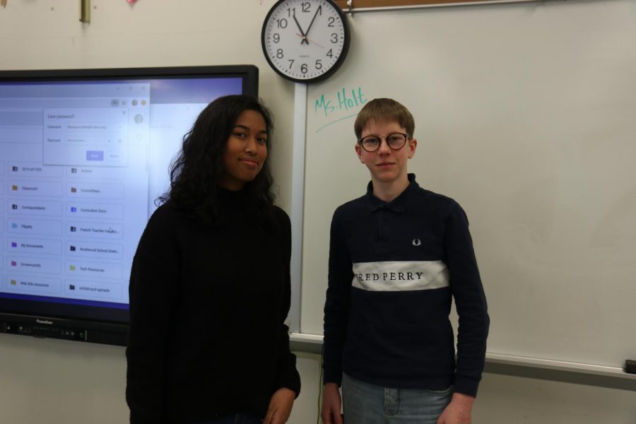  Anaïs Razafitsalama [Left], French foreign exchange student, poses with Victorien Bouvet [Right],  exchange student, after their presentation delivered to French students. 