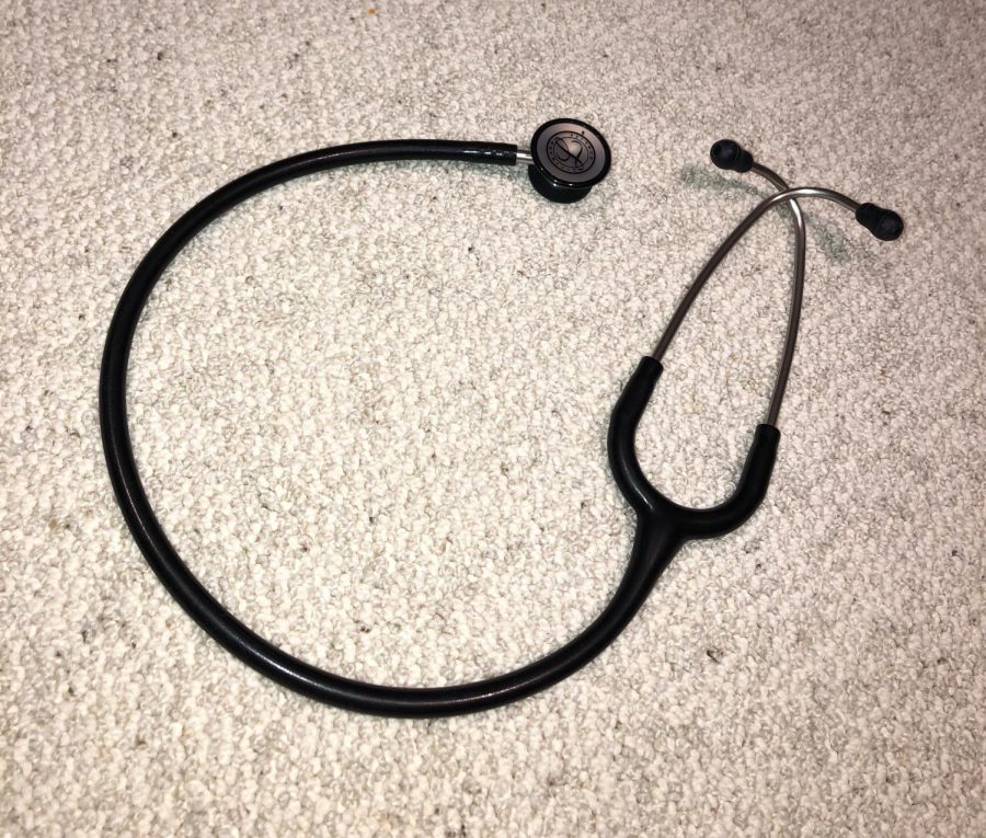 The stethoscope of Dr. Nida Jamal, a senior resident physician adult neurologist, who is helping to combat the COVID-19 pandemic. 
