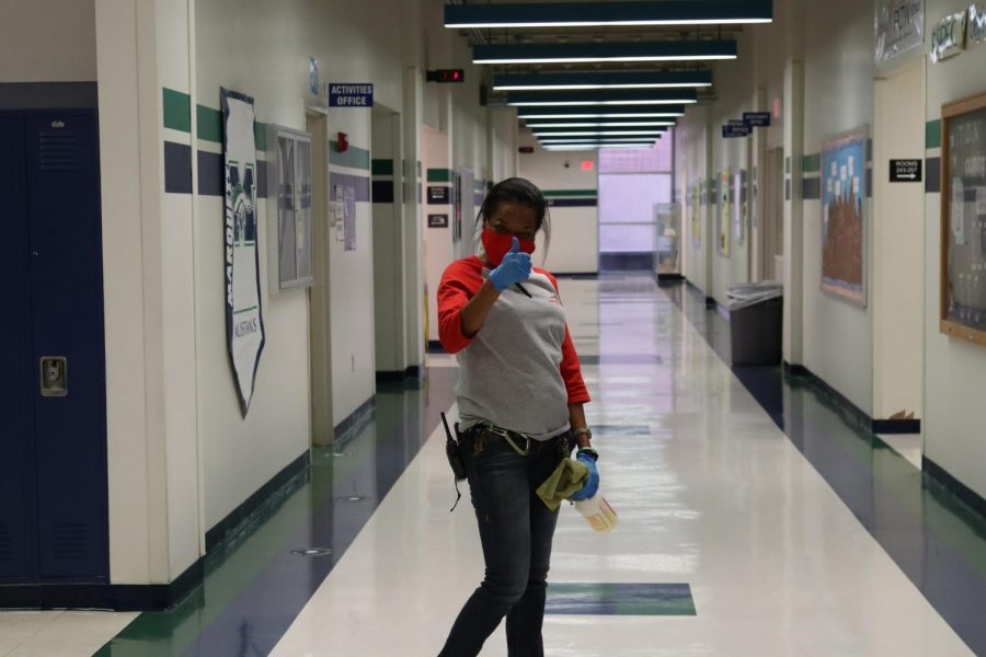 Monique Johnson, custodian, continuously walks the school disinfecting areas of high contact. It is important that every one stays safe. Wear a mask and be mindful, she said.