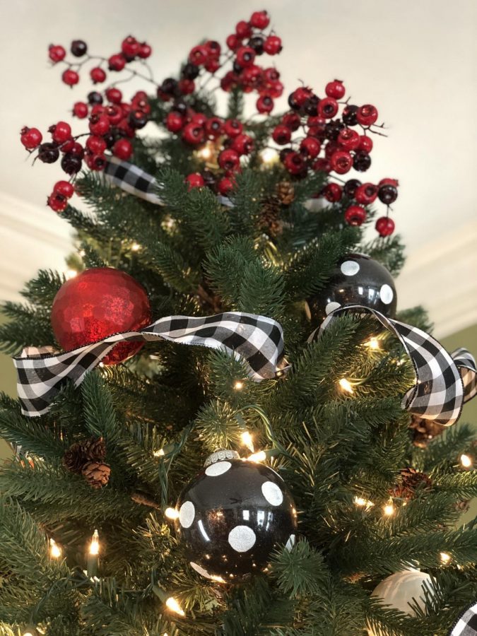 Mallory Kaimanns, interior design teacher, Christmas tree she decorated for the holiday. She went with the black, white, red, and white light color scheme.