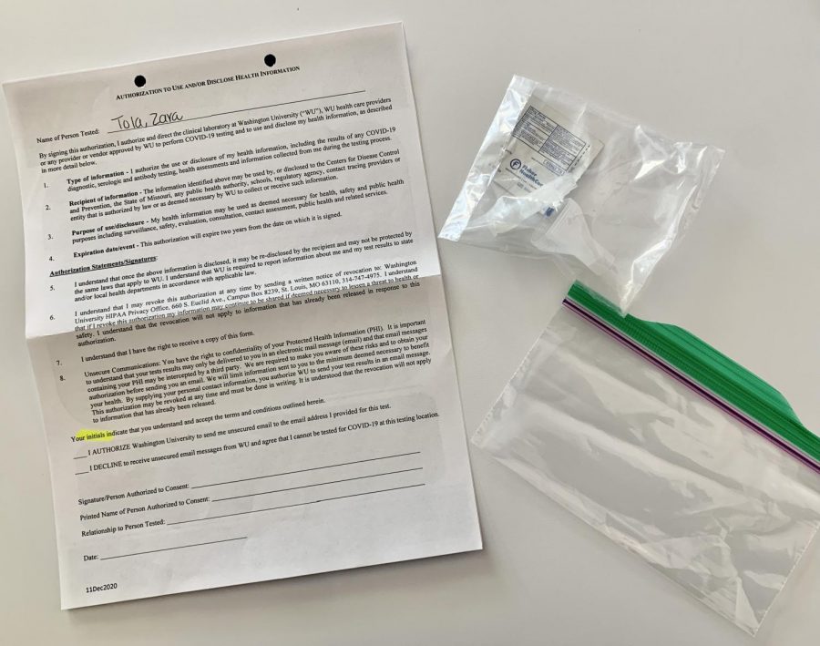 When tested for COVID-19 with the Washington University saliva test,  workers will schedule a time to come to your house to administer the test. The recipient of the test will not be able to eat or drink 30 minutes before the test, and will be given materials for the test, collection tube, funnel, privacy form, once workers arrive at their home.