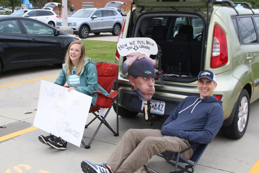 The senior parade will be an event this year in which teacher line up in the parking lot with signs and fun poster like Brittany Sharitz, librarian, and Kevin Sharitz, technology teacher, did last year.