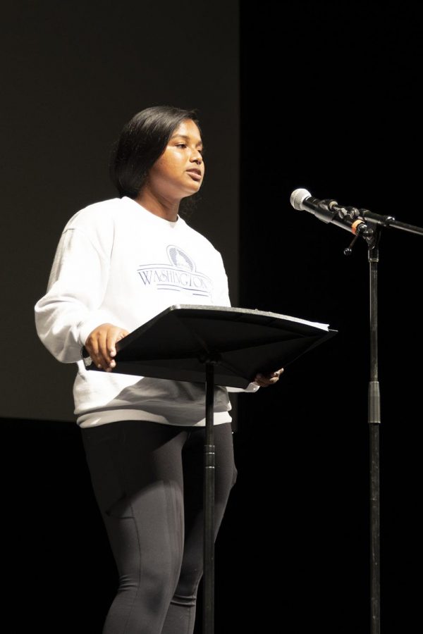 Teja Guduri, senior, prepares to deliver her speech at The Grandel during cast rehearsal the day before the show.