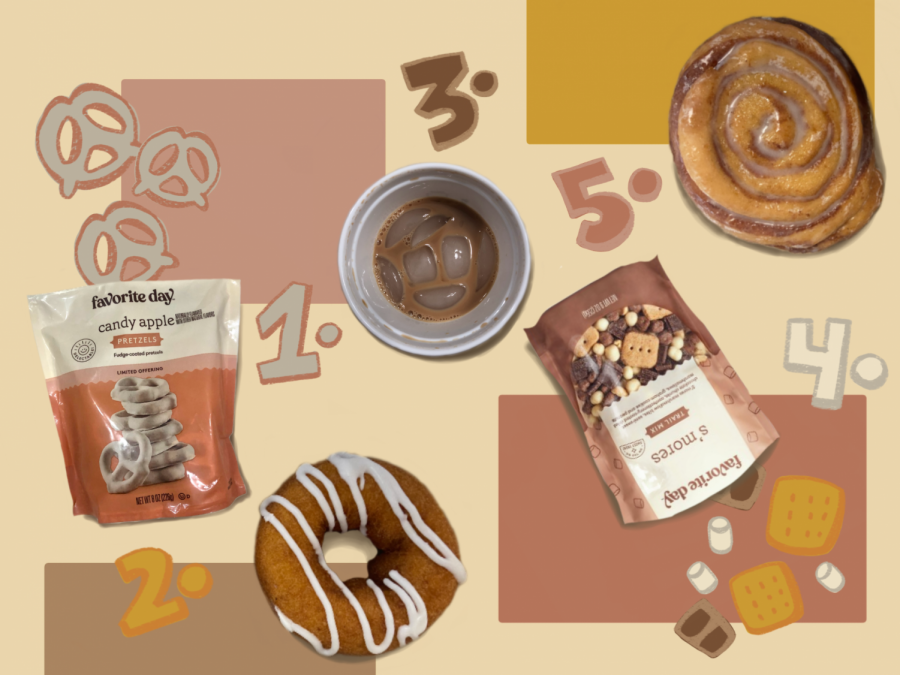 Listed from one to five are candy apple pretzels, apple cider donuts, iced brown sugar oat milk shaken espresso, smores trail mix, and a cinnamon roll.