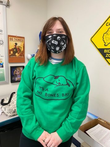 Ms. Kimberly Moon said she loves to wear her no bones sweatshirt to school and talk to her students and fellow teachers about Noodle. I love when people come up to me and comment on my sweatshirt, Moon said. I think its a super fun way for us to connect.