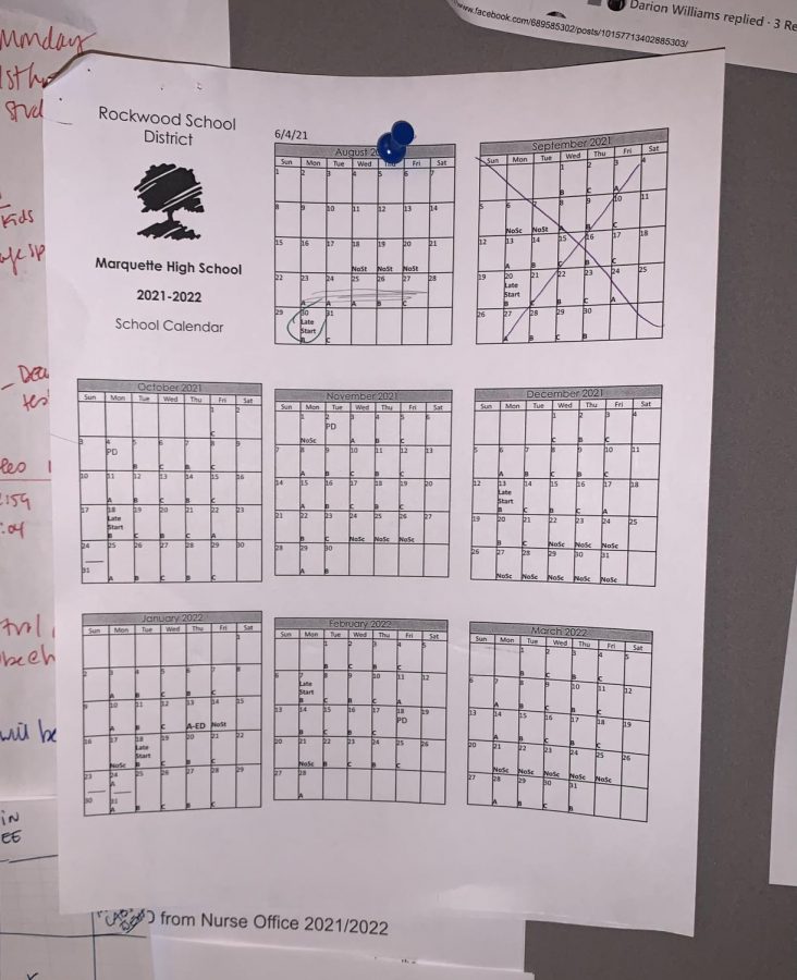 MHS ABC school calender pinned to Shawn Mcateer, resource teacher, due to the inconsistency.   