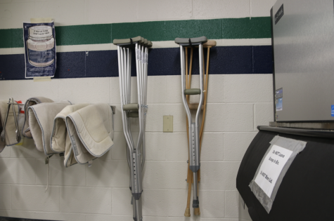 Crutches and equipment in personal trainer Matt Petersens office, used for rehabbing injured athletes. 