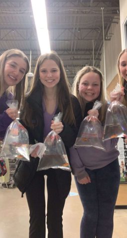 Swimmers of all grade levels participate in the swim team annual scavenger hunt that ventures around St. Louis. Tasks vary in nature and location to present a challenge to the team. While some tasks require only photos, others require purchases. Sophomores Nicola Downing and Liv Trost and junior Erin Huff had the task of buying a goldfish and taking pictures with their new pets. 