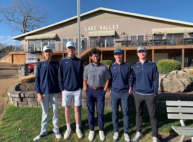 Dominic Mazzola, Jay Schaaf, Harrison Cross, Connor Hopwood and Ryan Hopwood pose outside Lake Valley Golf Club after receiving their 6th place team trophy at a tournament in the Ozarks. 