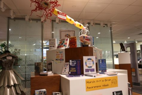 A display in the library features student projects and different books about themes included in Brain Awareness Week, like neuroscience and mental health.