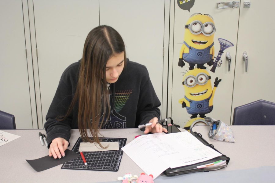 Lily McNulty, senior, sketches out her plan for her Art & Design Applications project, where she is tasked with decorating a door for Anatomy teachers Lisa Del Pizzo and Marissa Gress. McNulty is designing a neuro-themed door that will reflect the anatomy class next topic. 