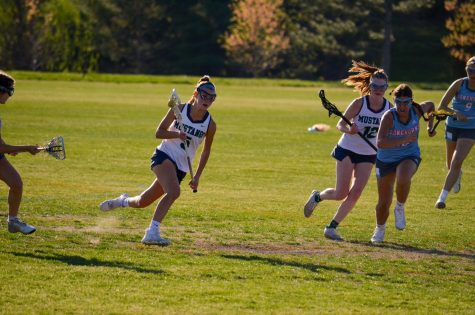Marin Lally, sophomore, drives up the field past opposing defenders on Wednesday, April 12 against Parkway West. Lally scored four shots and two goals. The Mustangs went on to win 11-8 continuing their undefeated 3-0 season so far. 