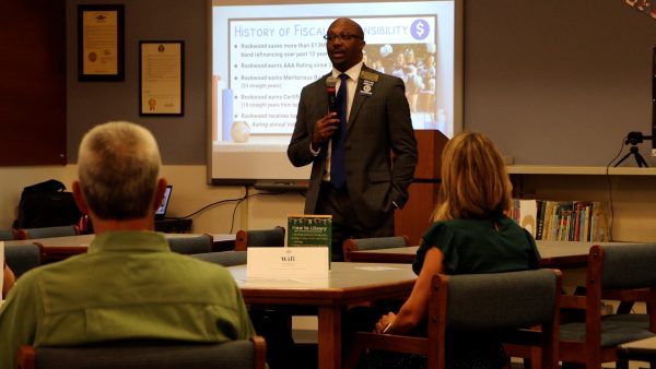 Superintendent Dr. Curtis Cain presents information about Proposition 3 to the community at a Town Hall at MHS Tuesday, Oct. 10.