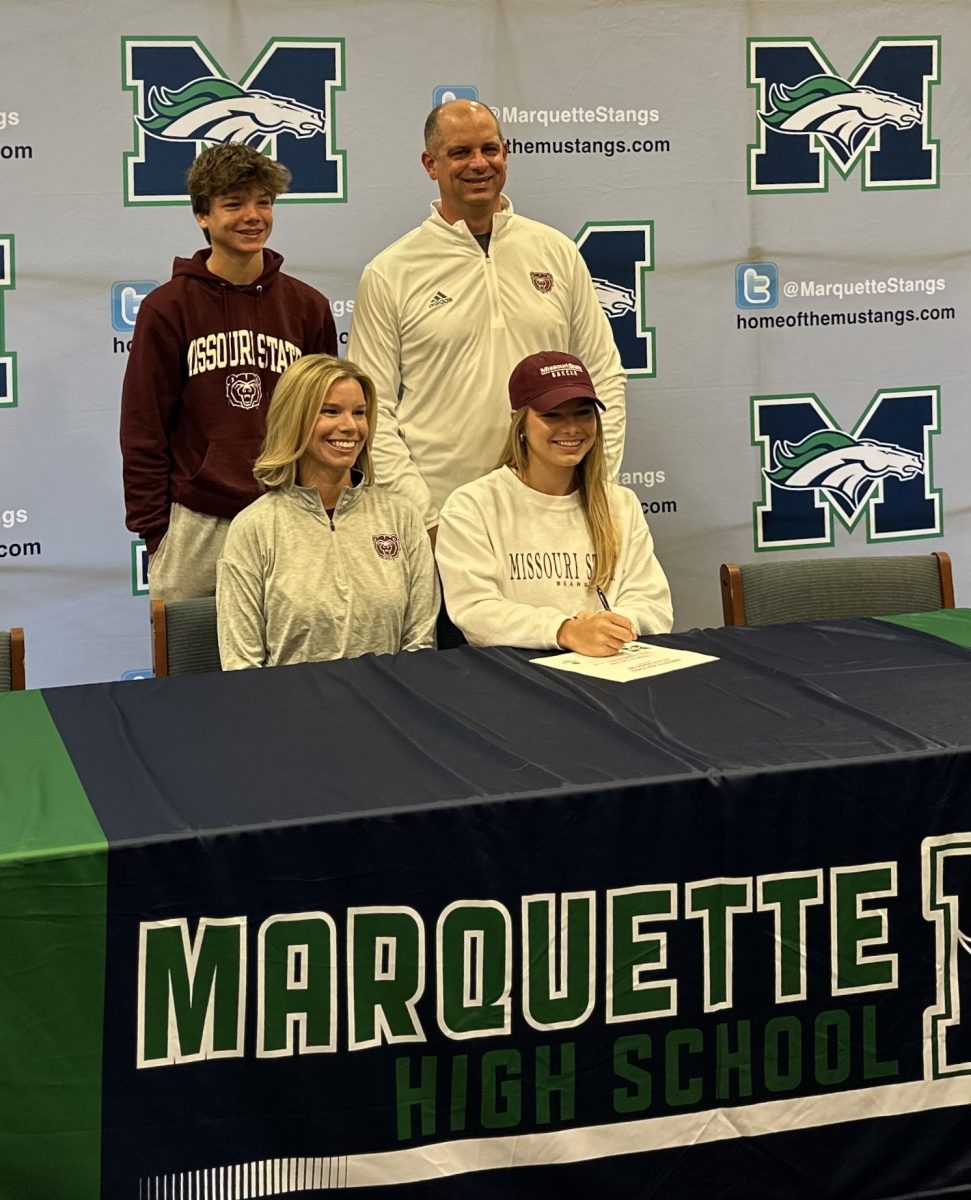 Bri Kappeler, senior, is congratulated by family during Winter Signing Day on Monday, Nov. 27. Kappeler said she loved the fit at Missouri State and is excited to make her commitment to the soccer program official in front of the MHS community. 
