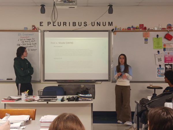 Jimmy Gwinner, junior, and Nour Elbeshbeshy, senior, present the topic abortion for Politics Clubs meeting on Thursday, Dec. 14. Members from the Students For Life (SFL) Club, including Natalia Montilla, senior, attended the meeting with a pro-life perspective. 