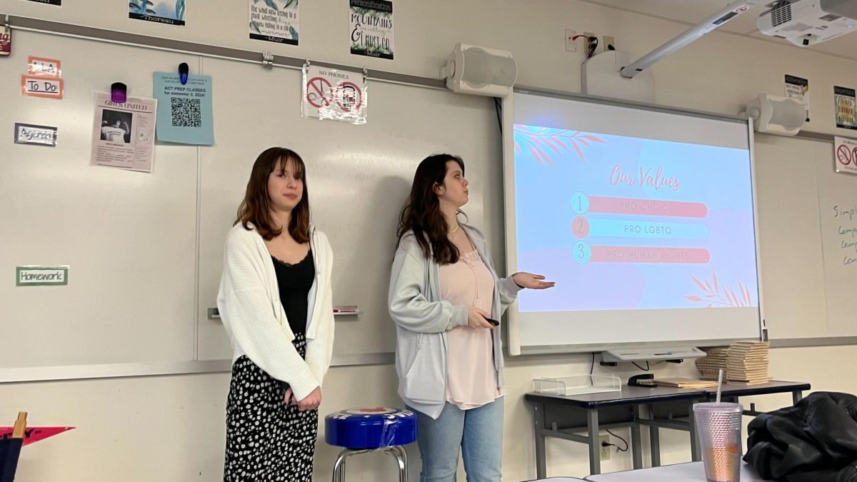 Katelyn Skiles and Addison Risenhoover, sophomores, introduce themselves during the first Girls United meeting. The first meeting had 15 attendees and was dedicated to getting to know each other.
