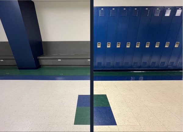 This comparison photo shows the hallway seating (left) verses the standard lockers (right). The expanded seating has outlets and USB plugs for charging. 