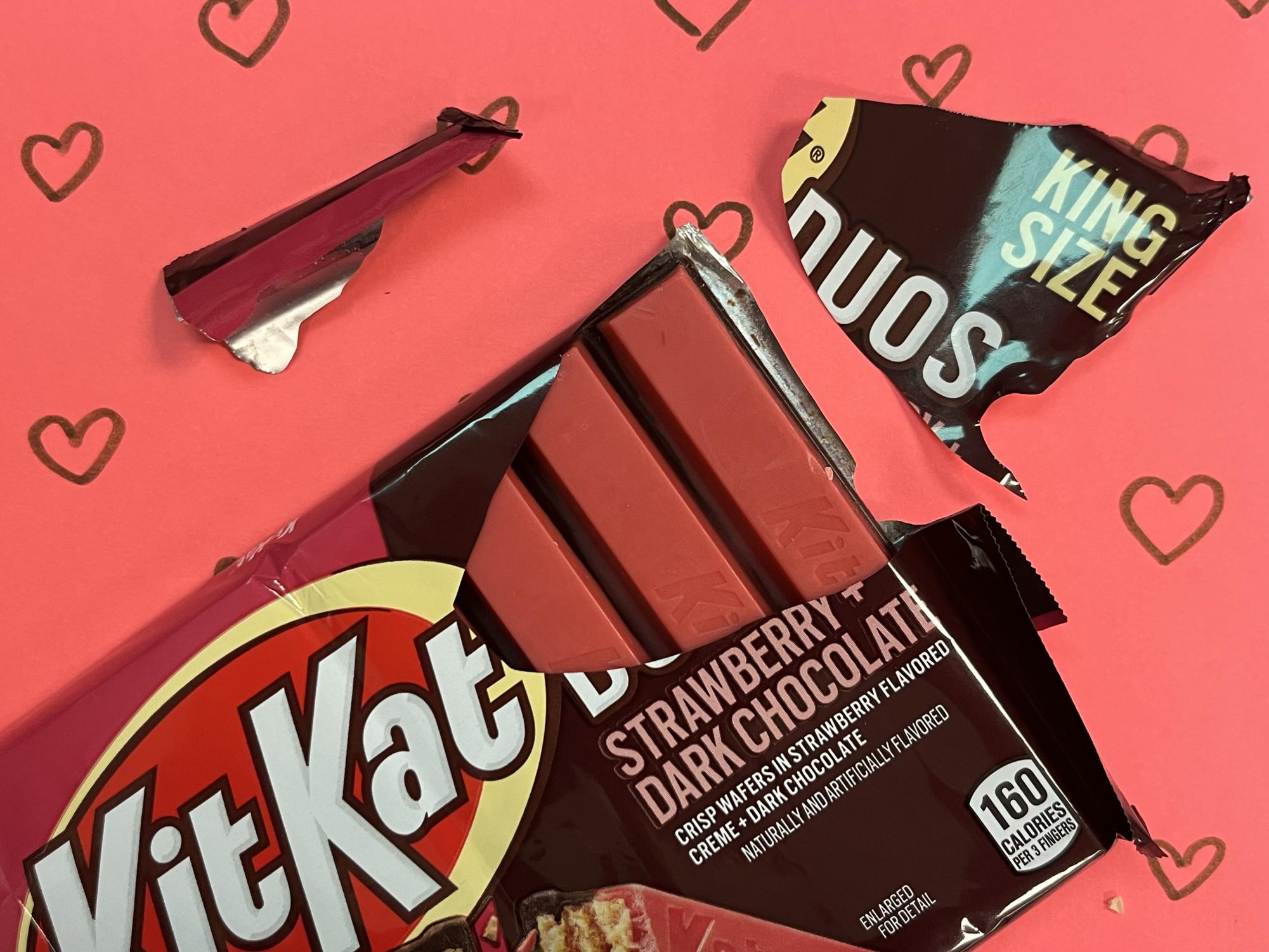 The Kit Kat Duo: Strawberry + Dark Chocolate features a hint of artificial strawberry flavoring and the soft
taste of dark chocolate.