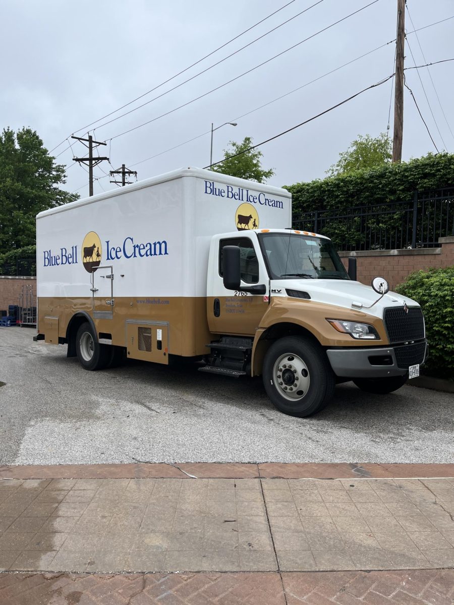 The Blue Bell ice cream truck makes a delivery to the Schnucks on the corner of Clarkson and Kehrs Mill Roads on Monday, April 29.
