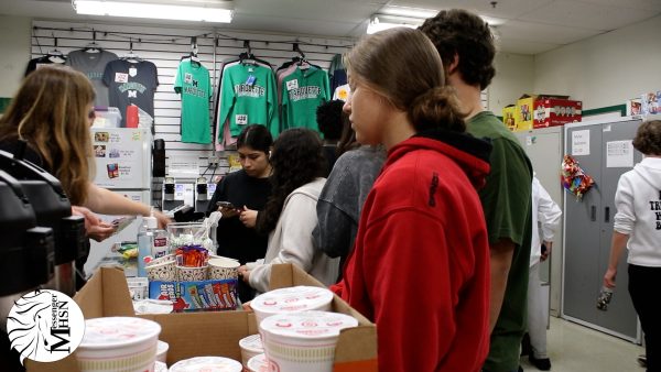 The School Store is a popular spot for students including juniors Julia Donald and Sri Krishnan. Store volunteer Meredith Johns talks about some trends she notices at the store.
