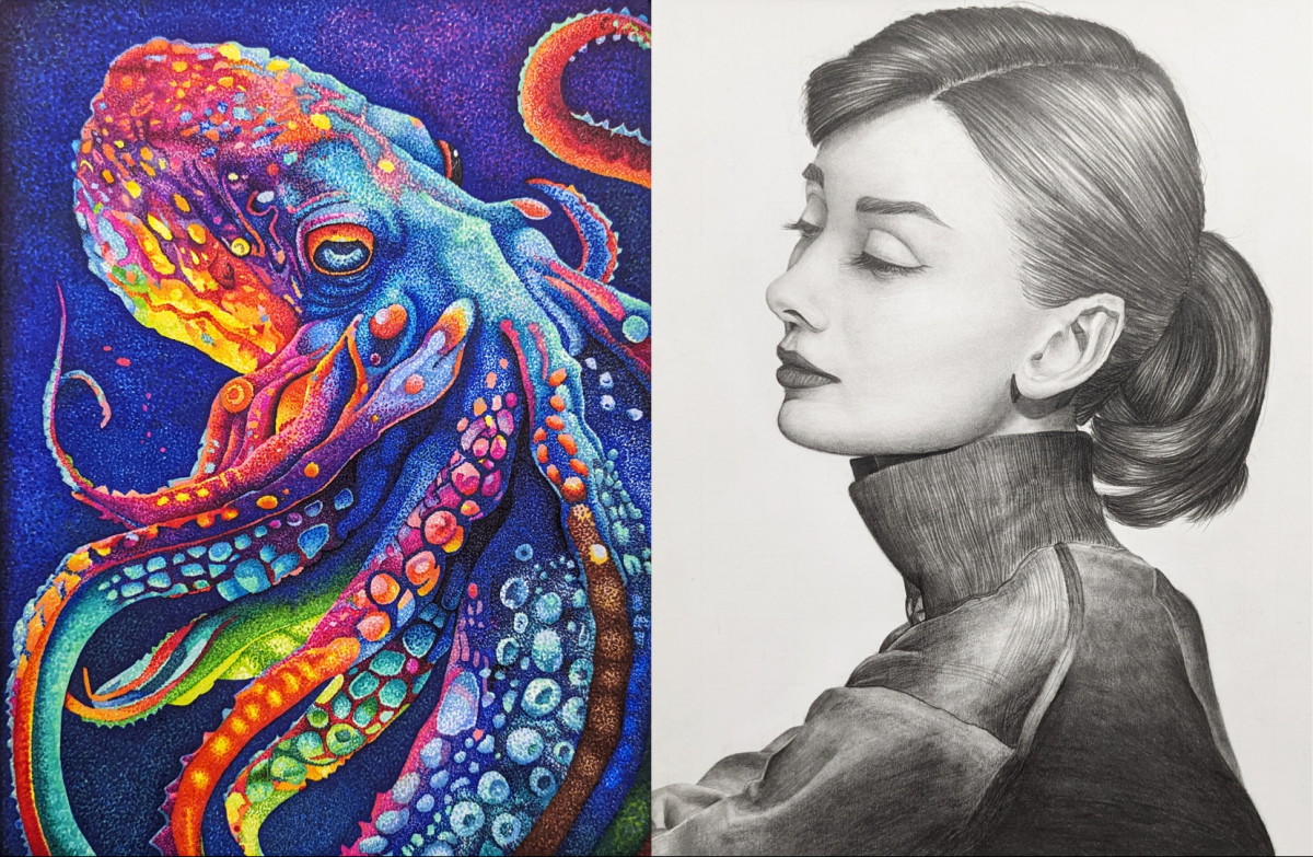 (Left) Octopus that used stippling. This style involves dotting in layers to show depth and shading. This piece was chosen by Kyle Devine. (Right) This is a portrait of Audrey Hepburn, a well-known British actress using various shading techniques. Rick Regina chose this piece for his award. 