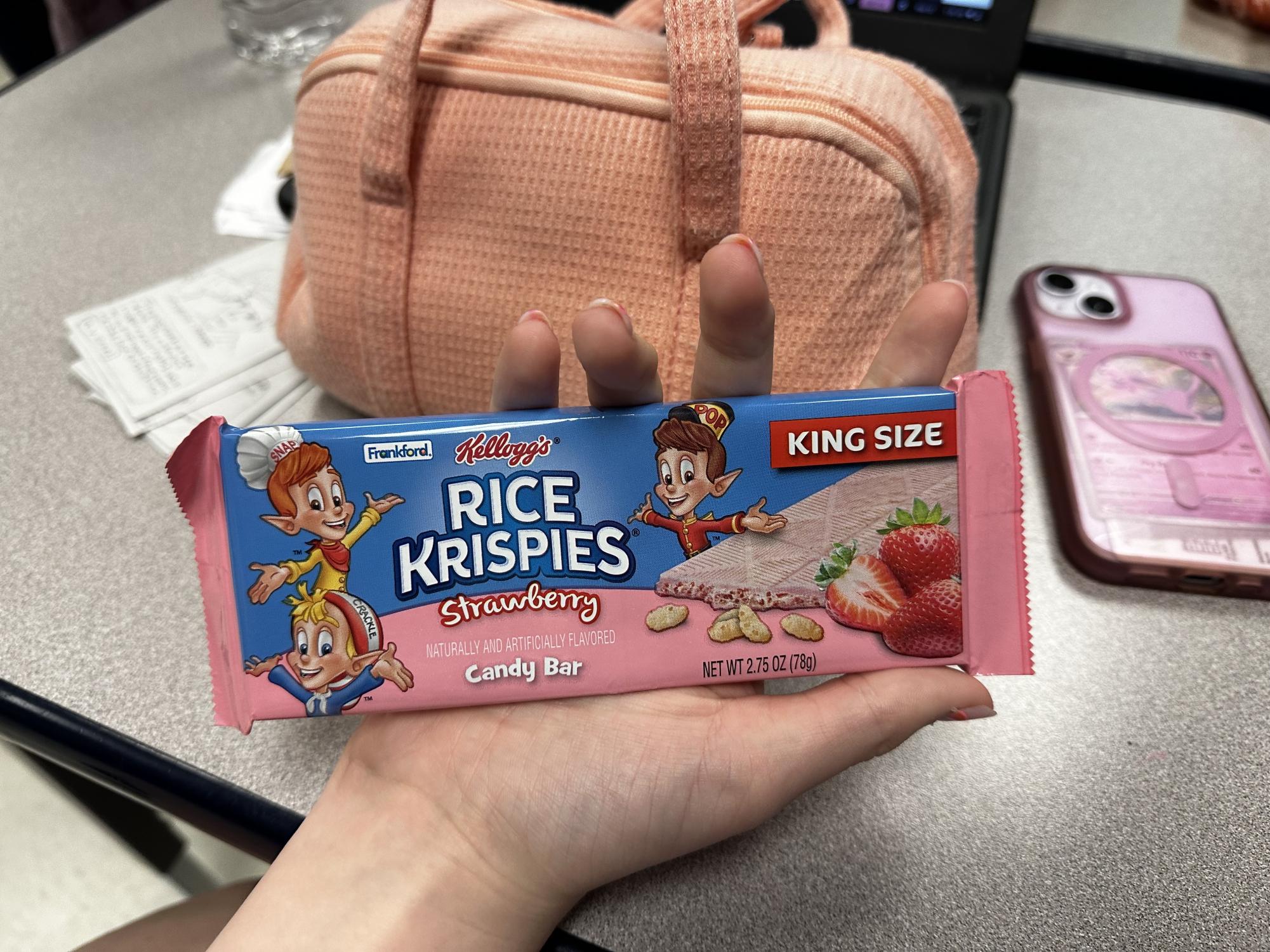The bar has a spattering of Rice Krispies cereal with a white chocolate base that was artificially flavored to taste like strawberries.