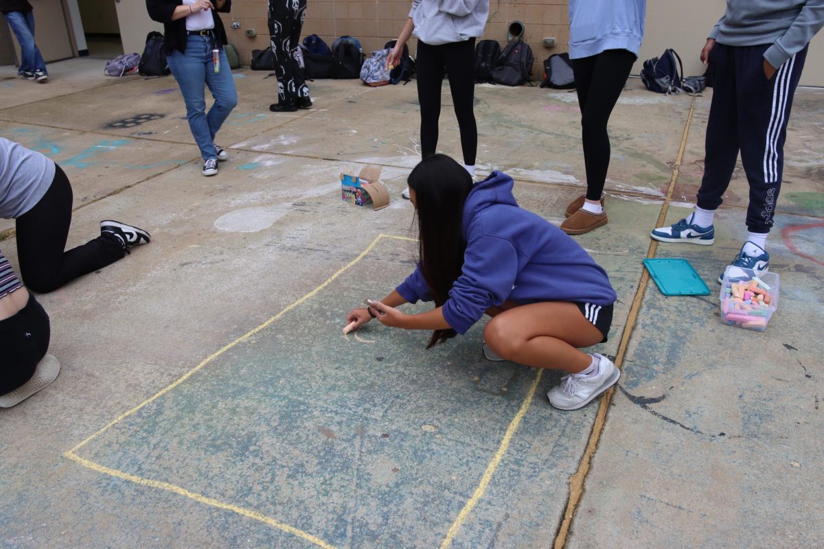 Lindsay Wang, sophomore, draws the "Birth of Venus" with chalk. Her AP European history class was tasked with chalking out a picture of a painting from a specific historical time period. 
