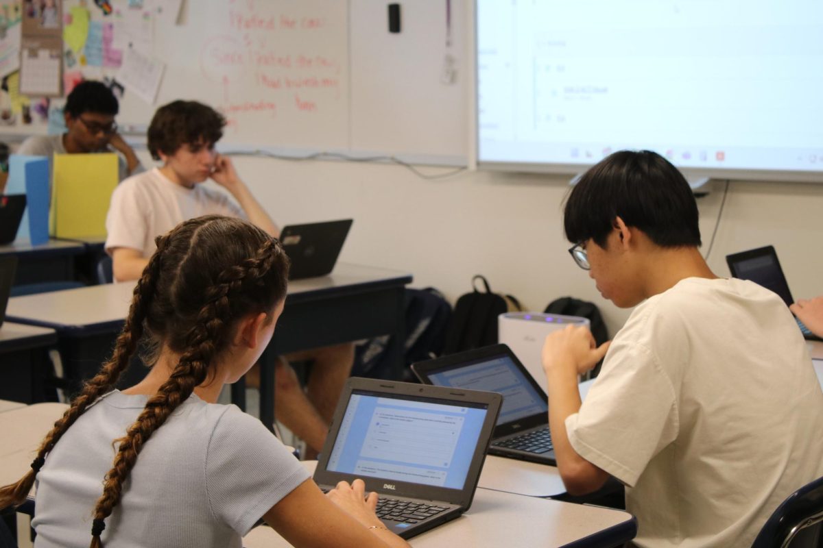 Students in Laura Coverstone’s seventh hour 11th Language Arts class take a grammar quiz. Until this year, students often used Grammarly to help with their writing, but this year the district has blocked that resource. 