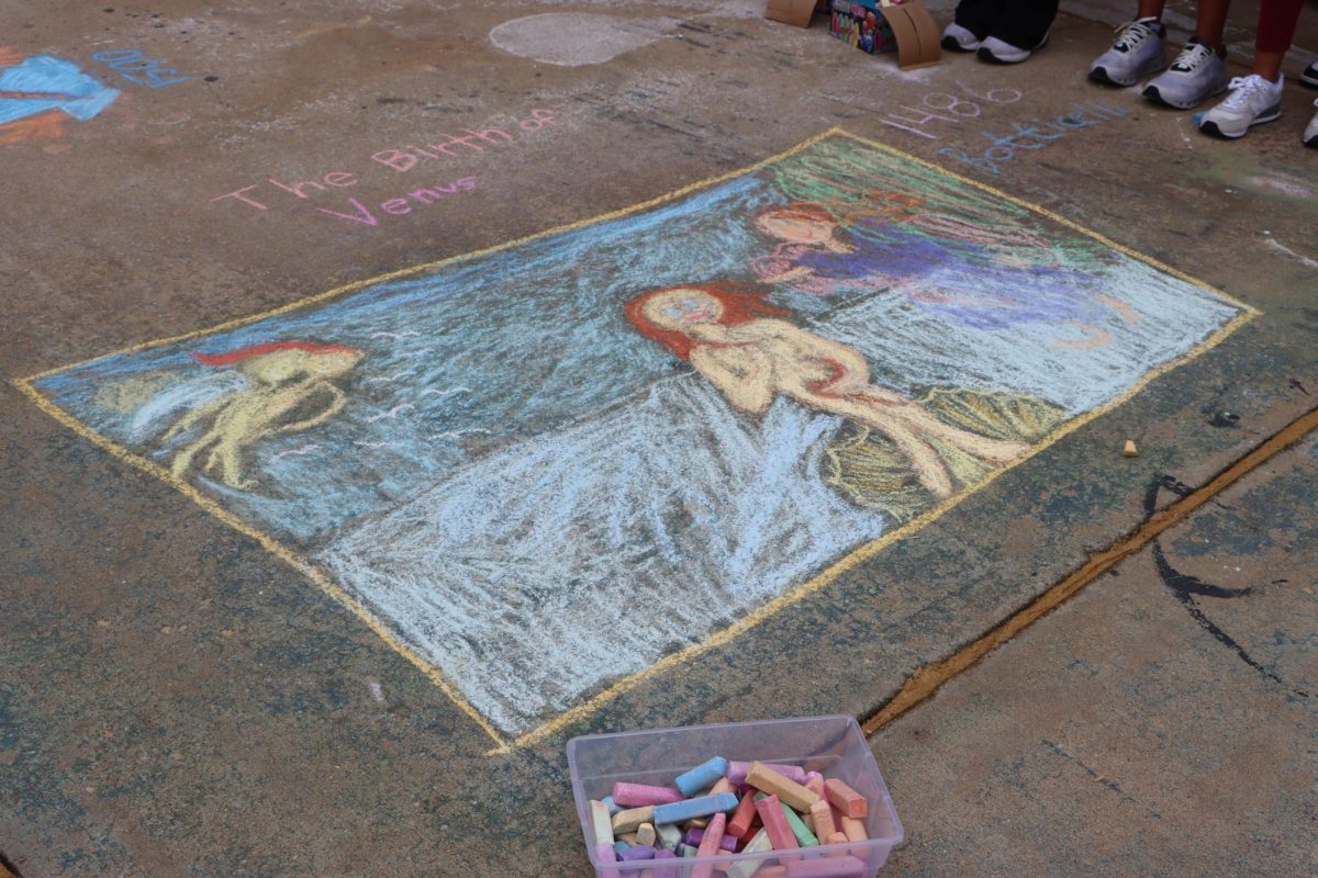 One of the largest chalk paintings featured in the collection was the "Birth of Venus." Students chalked their work on an overcast, drizzly day, but avoided a rain out.