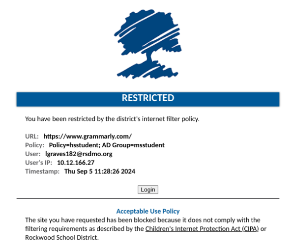 This school year, RSD blocked Grammarly due to violations to the Children's Internet Protection Act (CIPA). When students attempt to access the resource, a "restricted" message appears due to the RSD internet filter policy.