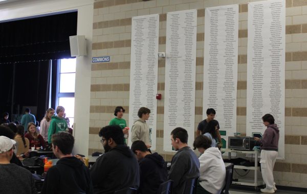 Names of seniors who have committed to graduating hang in the Commons. Graduation announcers want to know how to correctly pronounce students’ names, so Freshman Principal Amy Sturges created a Google Form this year to collect voice recordings of students pronouncing their names for staff. 