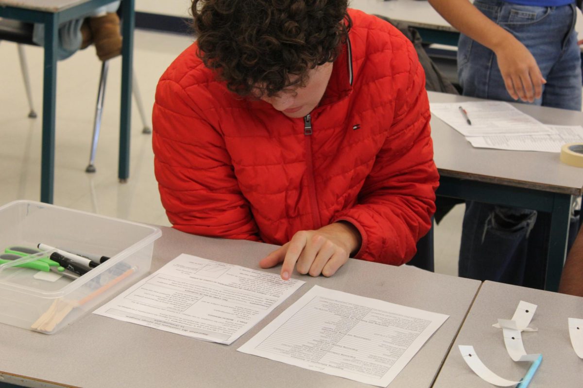 Pedro Vicentin Rezende, senior, reads through instructions written in French on how to conduct a chemistry experiment. Jessica Hutchings, chemistry teacher, and Emily Thompson, French teacher, collaborated to bring students this multidisciplined lesson.

VICENTIN REZENDE , PEDRO   
