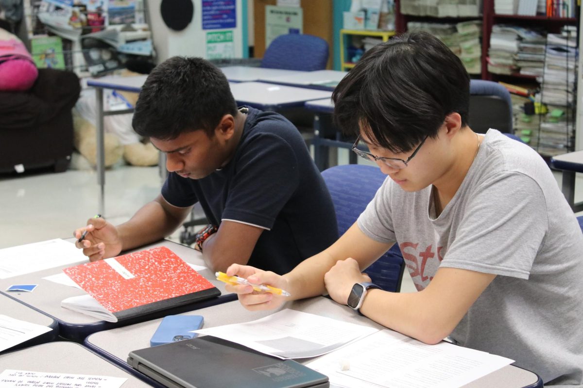 Sophomores Alfred Binoy and Scott Shen study for the ACT during the after school English ACT session on Wednesday, Sept. 17. Starting last month, the ACT has 
switched to the new enhanced version which overall is shorter with fewer questions than the previous version.