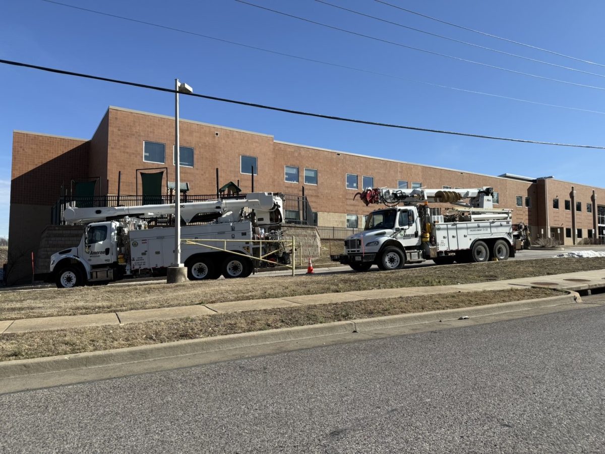 Ameren trucks parked outside of MHS as they worked to return power to the building. A Transformer that served the building caught on fire causing the power to go out, Mary LaPak, chief communications officer, said.