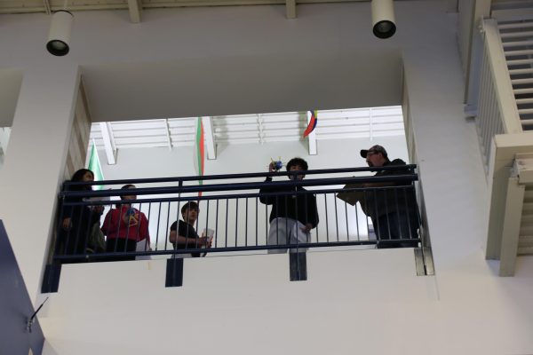 AP Physics I students participate in an egg drop lab on Thursday, Feb. 26 by throwing delivery systems off the third floor of MHS. However, renovations starting March 14 will result in the third floor balcony being covered by a draw wall, which will prevent students from participating in the egg drop lab in future years.